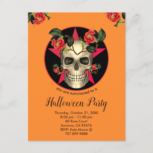 Skull And Flowers Halloween Party Invitation Postcard (Front)