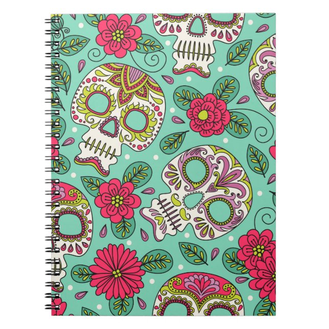 Skull and Flowers. Seamless Background. Mexican da Notebook (Front)