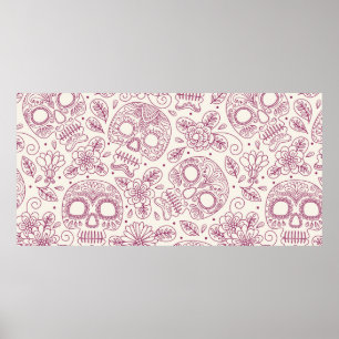 Skull and Flowers. Seamless Background. Mexican da Poster