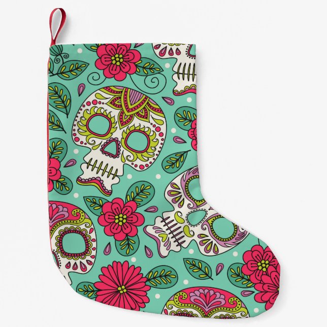 Skull and Flowers. Seamless Background. Mexican da Small Christmas Stocking (Front)