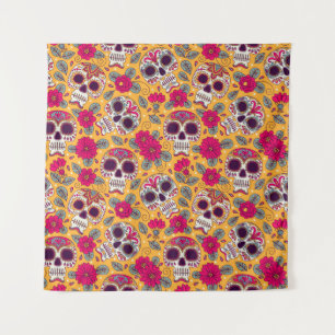 Skull and Flowers. Seamless Background. Mexican da Tapestry