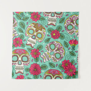 Skull and Flowers. Seamless Background. Mexican da Tapestry