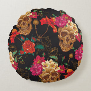 Skull and Flowers Seamless Background Round Cushion