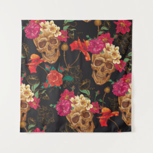 Skull and Flowers Seamless Background Tapestry