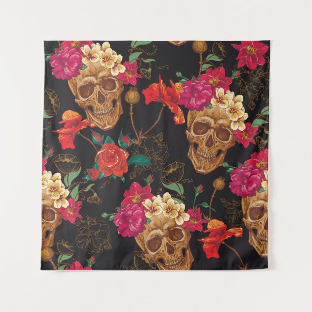 Skull and Flowers Seamless Background Tapestry (Front)