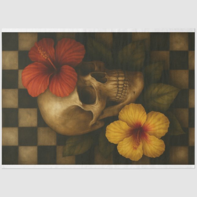 Skull and Hibiscus on Chequerboard Decoupage Paper (Front)
