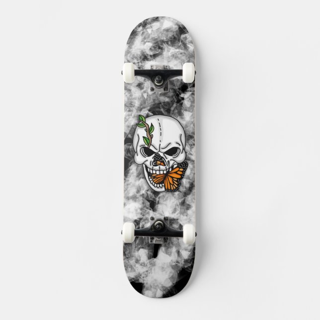 Skull and Monarch Butterfly Digital Art   Skateboard (Front)