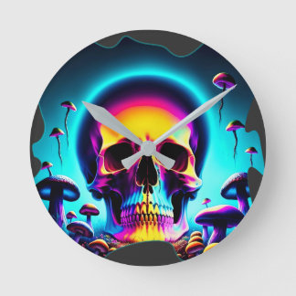 Skull and mushrooms round clock