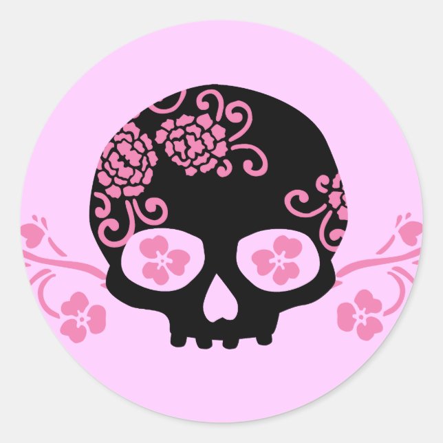 Skull and Pink Flower Pattern Classic Round Sticker (Front)