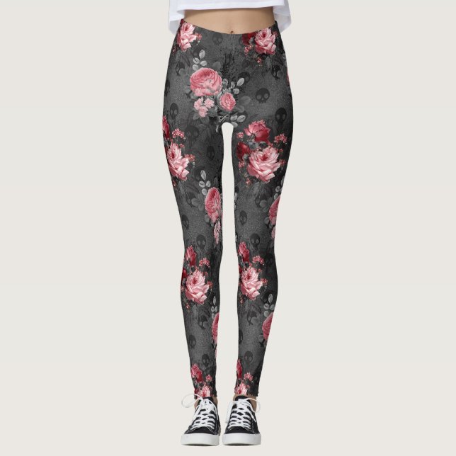 Skull and Pink Rose Garden Gothic Leggings (Front)
