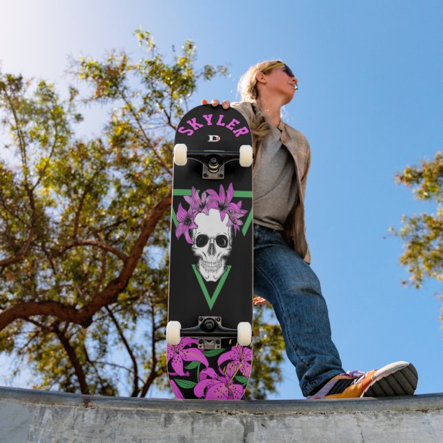 Skull and Pink Tiger Lilies on Black Dd Brand   Skateboard (Outdoor 1)
