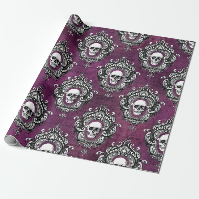 Skull and Purple Gothic Wrapping Paper (Unrolled)