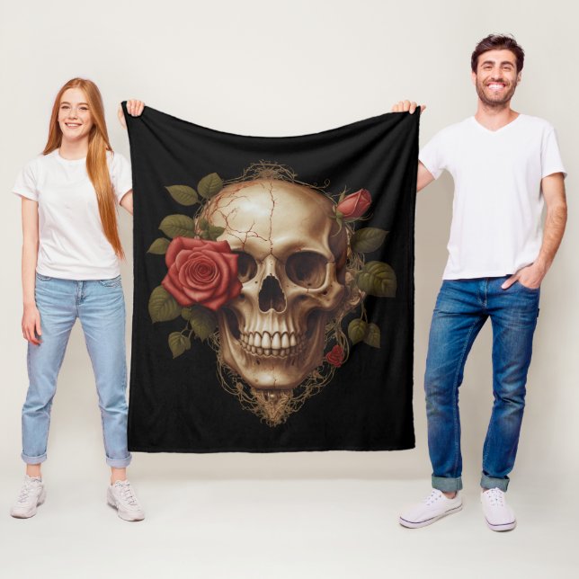 Skull and red roses fleece blanket (In Situ)