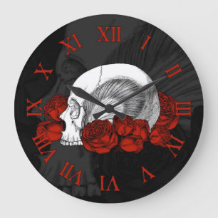 Skull And Red Roses Large Clock