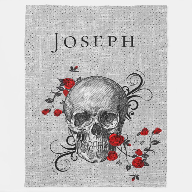 Skull And Red Roses Personalised Fleece Blanket (Front)