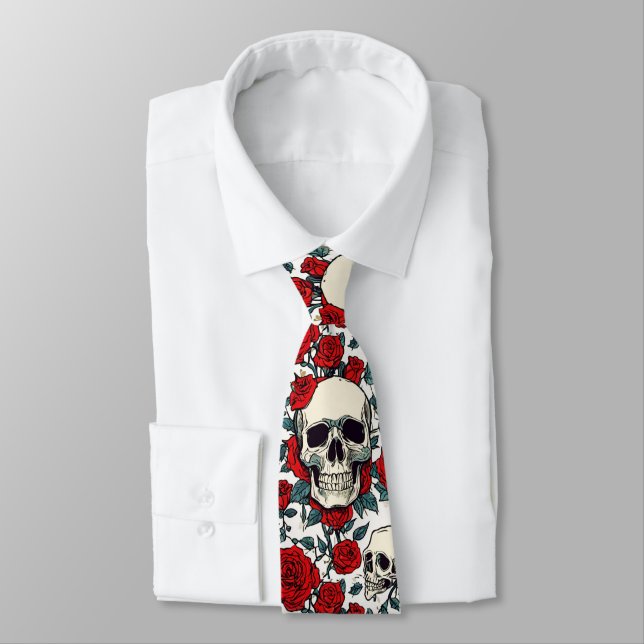 Skull and Red Roses Tie  (Tied)