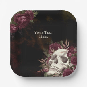 Skull and Roses Burgundy Black Grunge Personalised Paper Plate