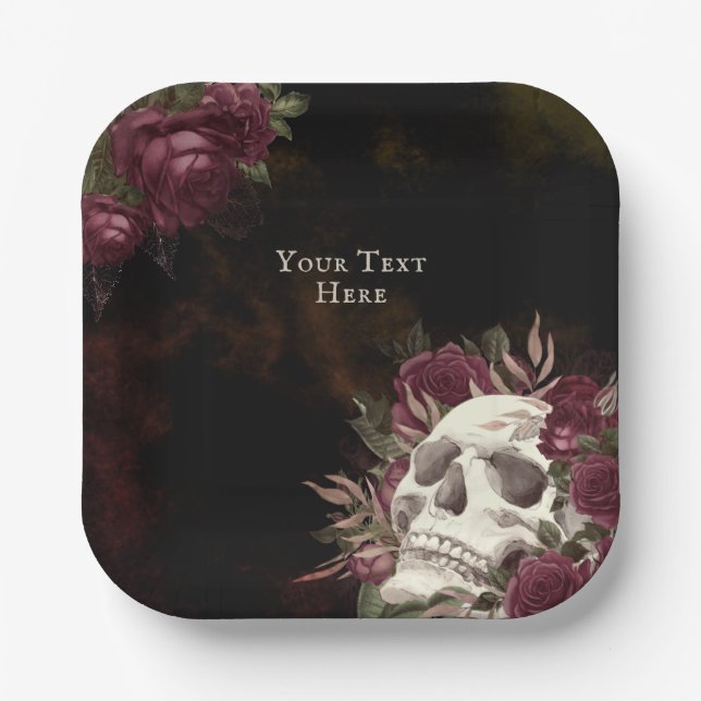 Skull and Roses Burgundy Black Grunge Personalised Paper Plate (Front)