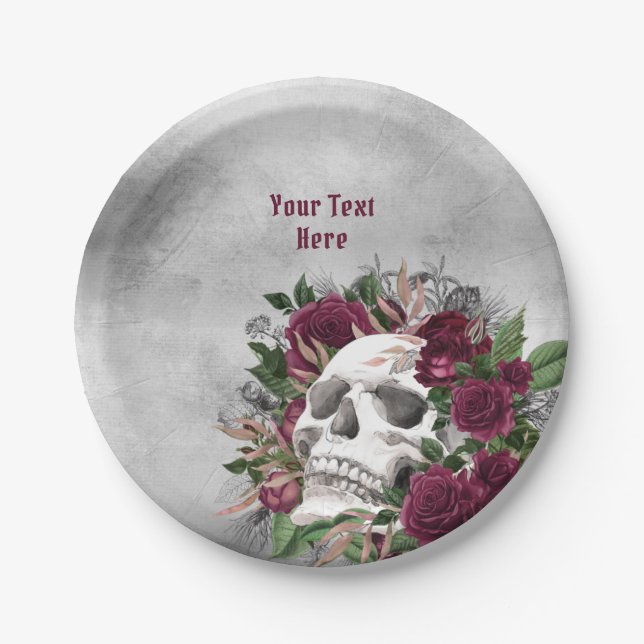 Skull and Roses Burgundy Maroon Grey Personalised Paper Plate (Front)