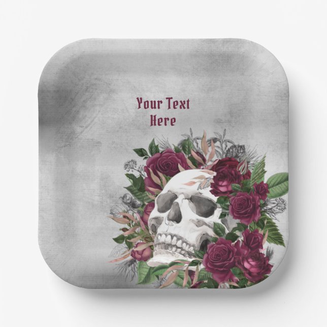 Skull and Roses Burgundy Maroon Grey Personalised Paper Plate (Front)
