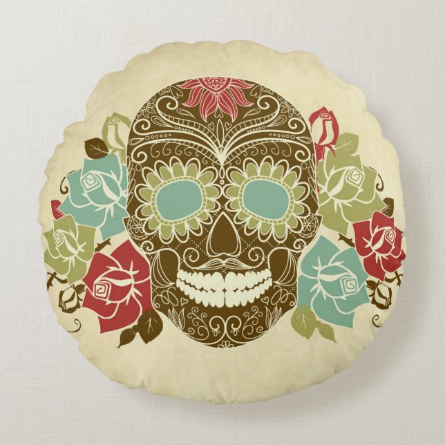 Skull And Roses, Colourful Day Of The Dead Card 2 Round Cushion (Front)