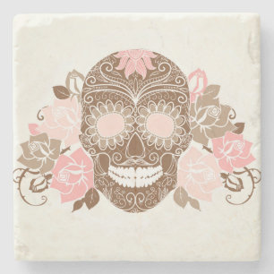 Skull And Roses, Colourful Day Of The Dead Card Stone Coaster