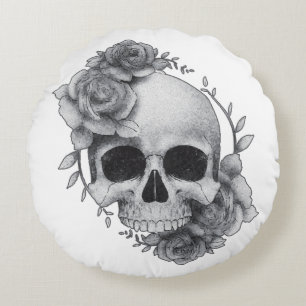 Skull and Roses Sketch Round Cushion