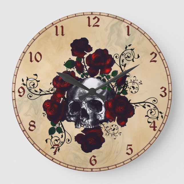 Skull and Roses Tattoo Style Goth Art Large Clock (Front)