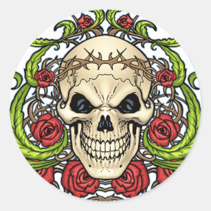 Skull and Roses with Crown Of Thorns by Al Rio Classic Round Sticker