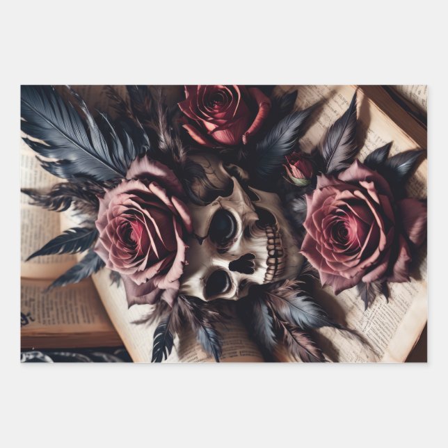 Skull and Roses Wrapping Paper Sheet (Front)