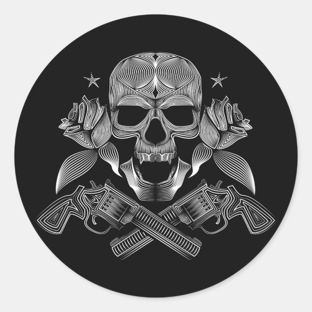 Skull and Stars with Roses and Crossed Guns Classic Round Sticker (Front)