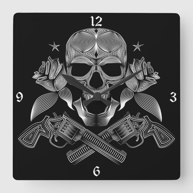 Skull and Stars with Roses and Crossed Guns Square Wall Clock (Front)