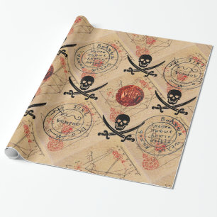 SKULL AND  SWORDS ,PIRATES TREASURE MAP PARCHMENT WRAPPING PAPER