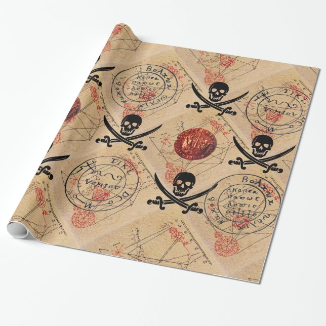 SKULL AND  SWORDS ,PIRATES TREASURE MAP PARCHMENT WRAPPING PAPER (Unrolled)