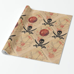 SKULL AND  SWORDS ,PIRATES TREASURE MAP PARCHMENT WRAPPING PAPER