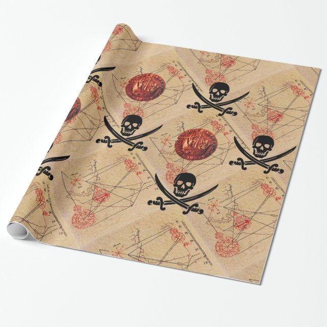 SKULL AND  SWORDS ,PIRATES TREASURE MAP PARCHMENT WRAPPING PAPER (Unrolled)