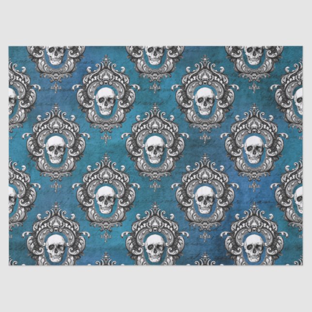 Skull and Teal Gothic Decoupage Tissue Paper (Front)