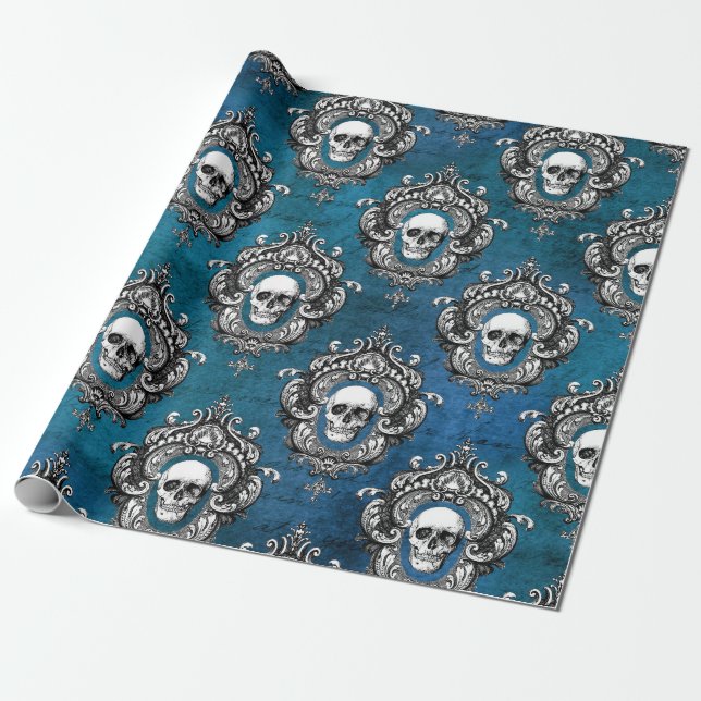 Skull and Teal Gothic Wrapping Paper (Unrolled)