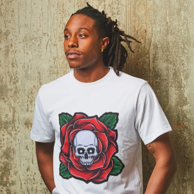 Skull and Vibrant Red Rose T-Shirt (Creator Uploaded)
