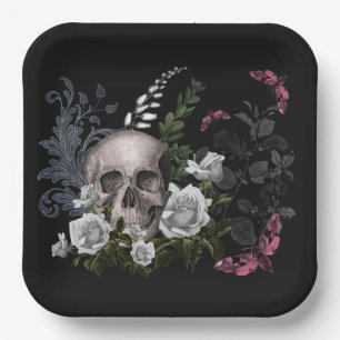 Skull and White Roses Paper Plate