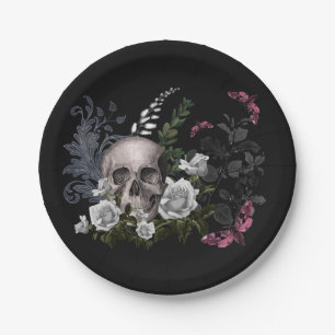 Skull and White Roses Paper Plate