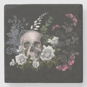 Skull and White Roses Stone Coaster