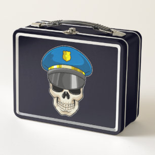 Skull as Police officer with Police hat Metal Lunch Box