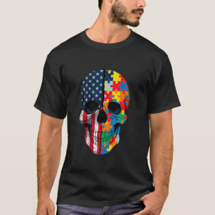 Skull Autism Puzzle Patriotic Usa Flag Autism Awar T-Shirt