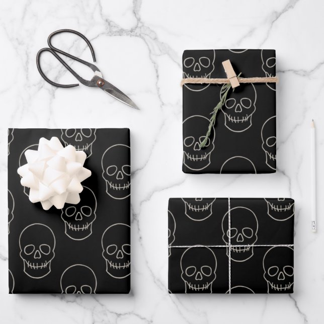 Skull - Bat Black and Bone White Wrapping Paper Sheet (Front)