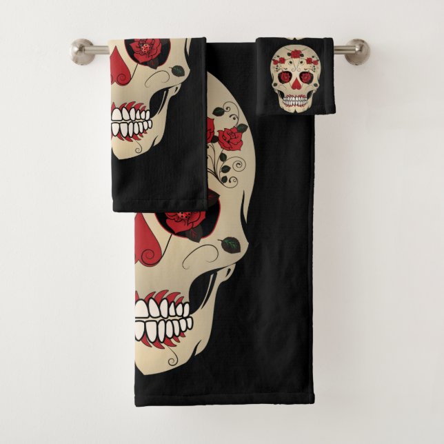 Skull Bathroom Towel Set - Skull and Roses Art (Insitu)