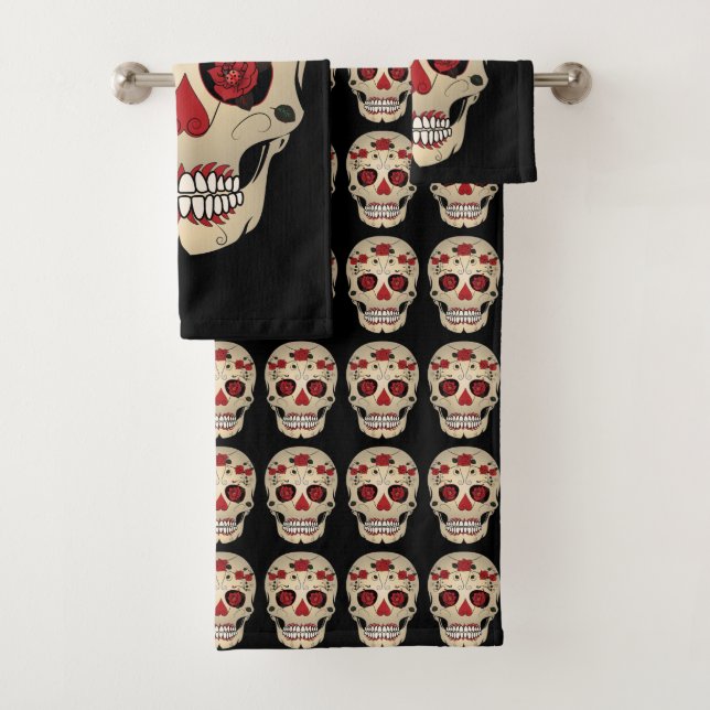 Skull Bathroom Towel Set - Skull and Roses Art (Insitu)