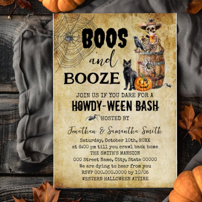 Skull Beer Howdyween Boos & Brews Halloween Party Invitation (Creator Uploaded)