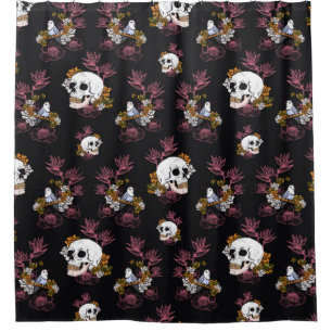 Skull, bird and flowers shower curtain