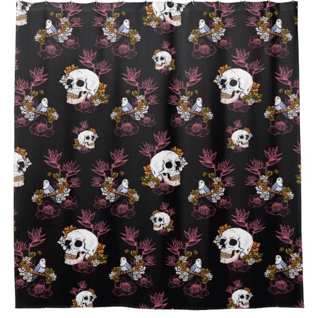 Skull, bird and flowers shower curtain (Front)